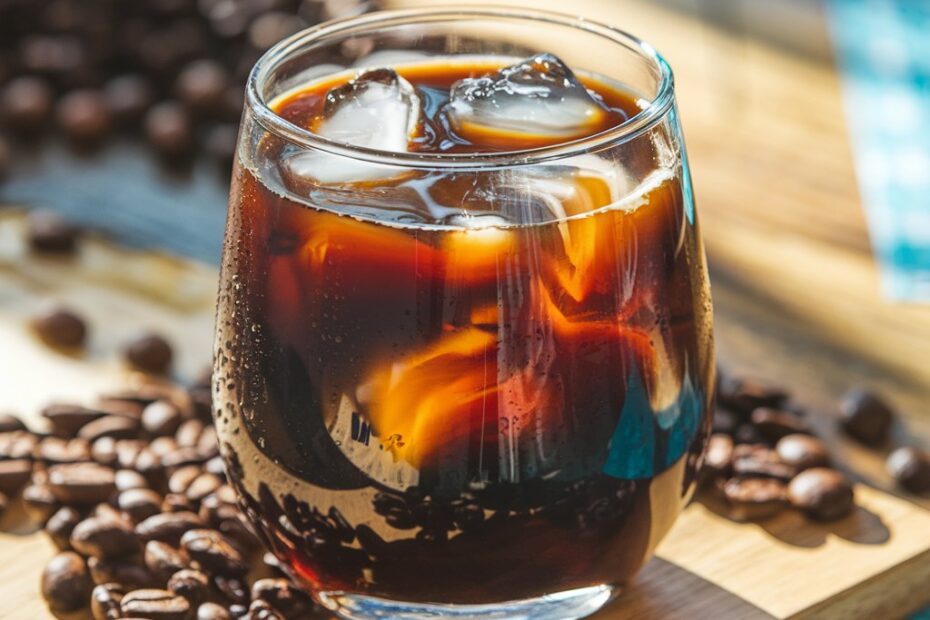 Glass mason jar of cold brew coffee on a wooden table with ice cubes and scattered coffee beans.