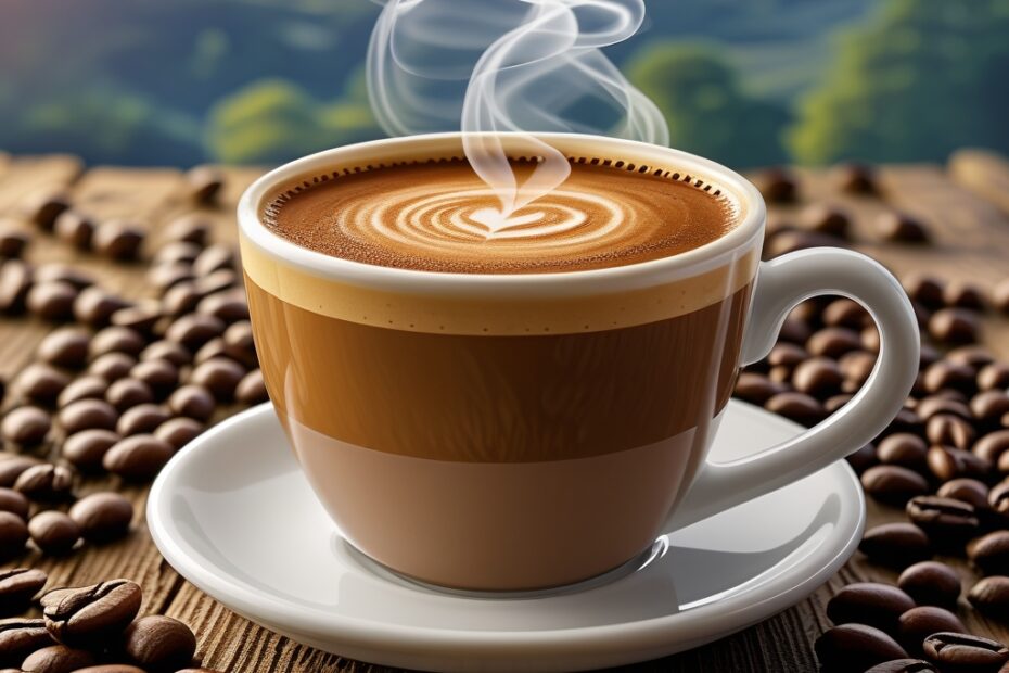 A cup of decaf coffee with steam rising, surrounded by coffee beans on a wooden table.