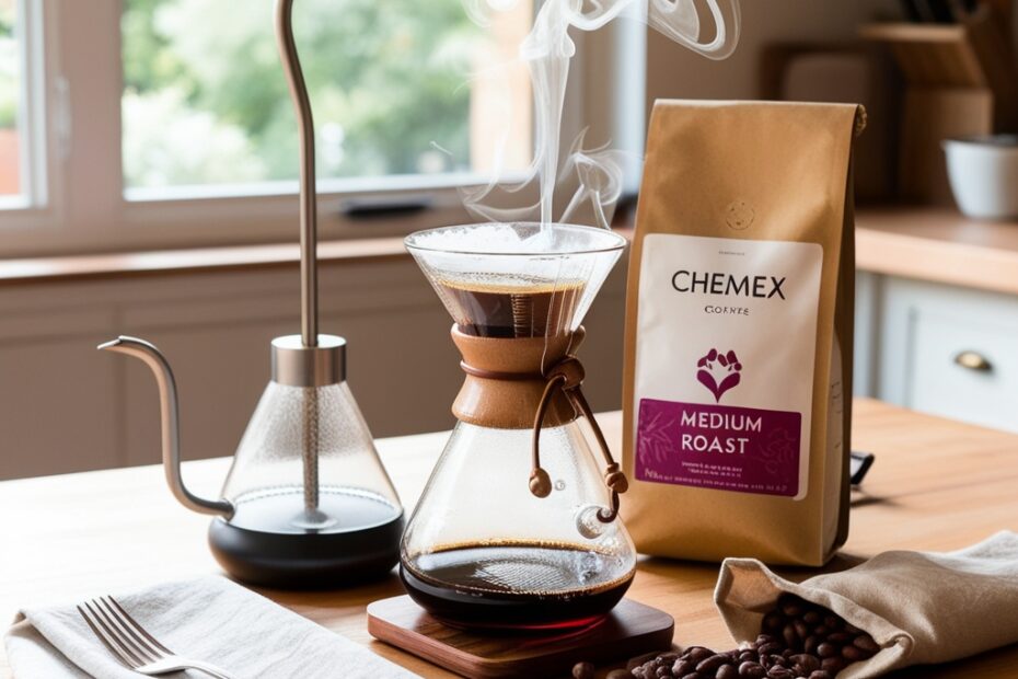 Pour-over coffee brewing setup with Chemex, gooseneck kettle, and fresh coffee being brewed.
