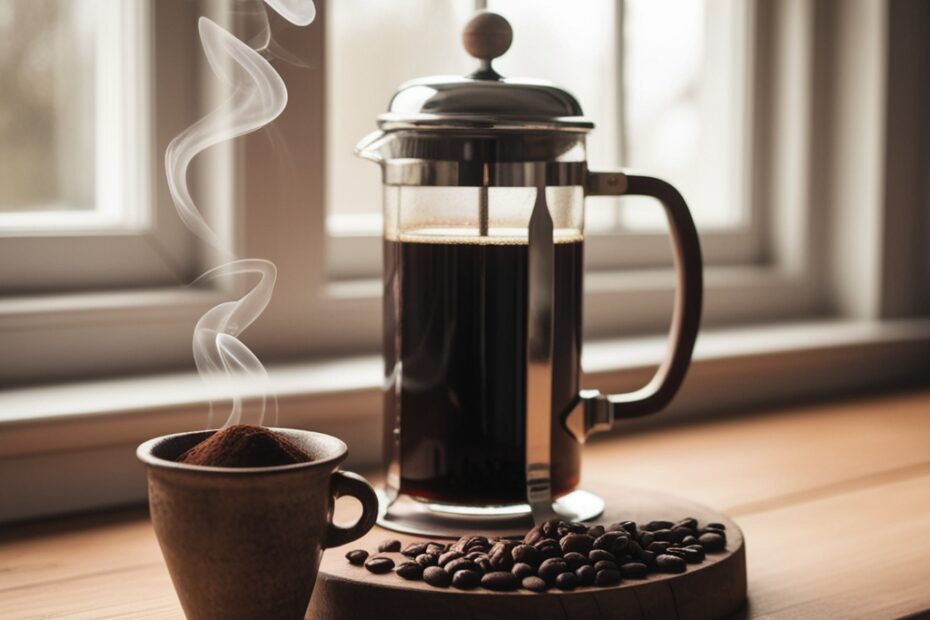A steaming French press coffee with coffee beans and a ceramic mug on a wooden table in a cozy setting