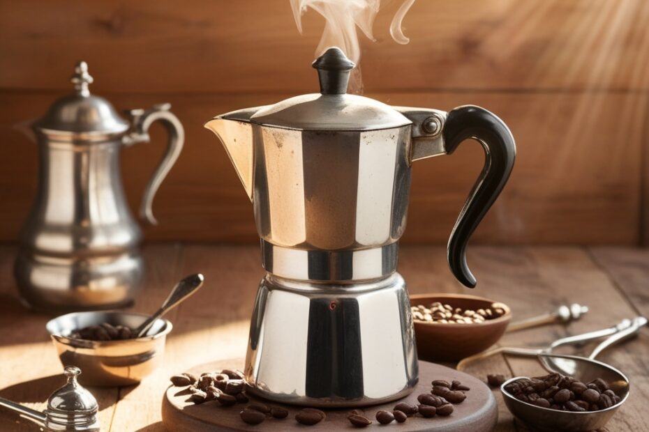 Old-school moka pot brewing coffee on a rustic wood table surrounded by coffee beans.