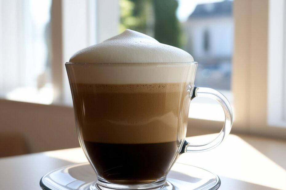 A beautifully layered macchiato in a clear glass with sunlight streaming in the background.