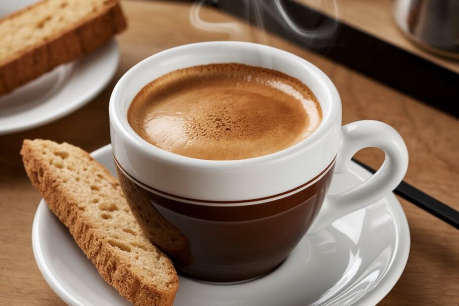 A creamy latte with foam art on a wooden table surrounded by coffee beans.