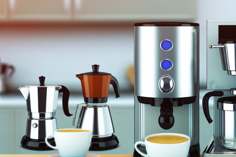 An assortment of coffee makers including an espresso machine, drip coffee maker, and single-serve coffee maker with brewed coffee.