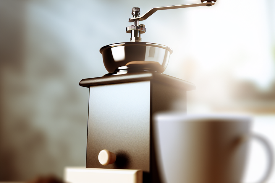 Modern coffee grinder with coffee beans and a mug of brewed coffee on a kitchen counter.