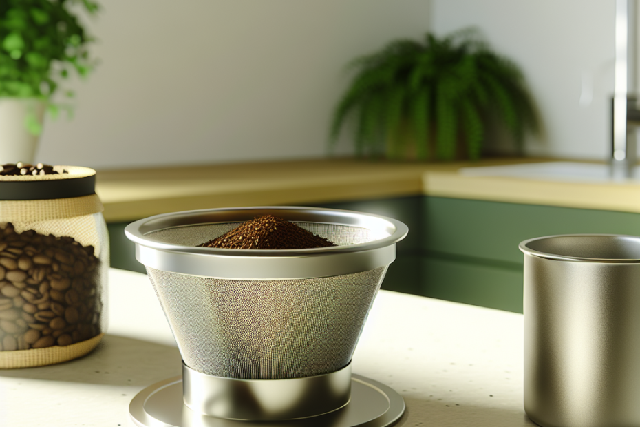 Reusable stainless steel coffee filter with coffee grounds on a kitchen countertop.