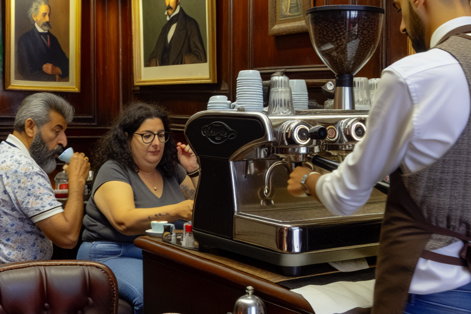 Classic Italian café with barista preparing espresso and customers enjoying coffee.