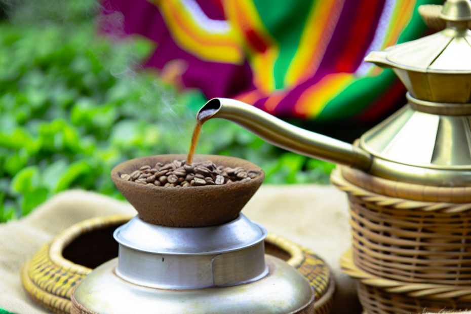 Traditional Ethiopian coffee ceremony with jebena and roasting beans.