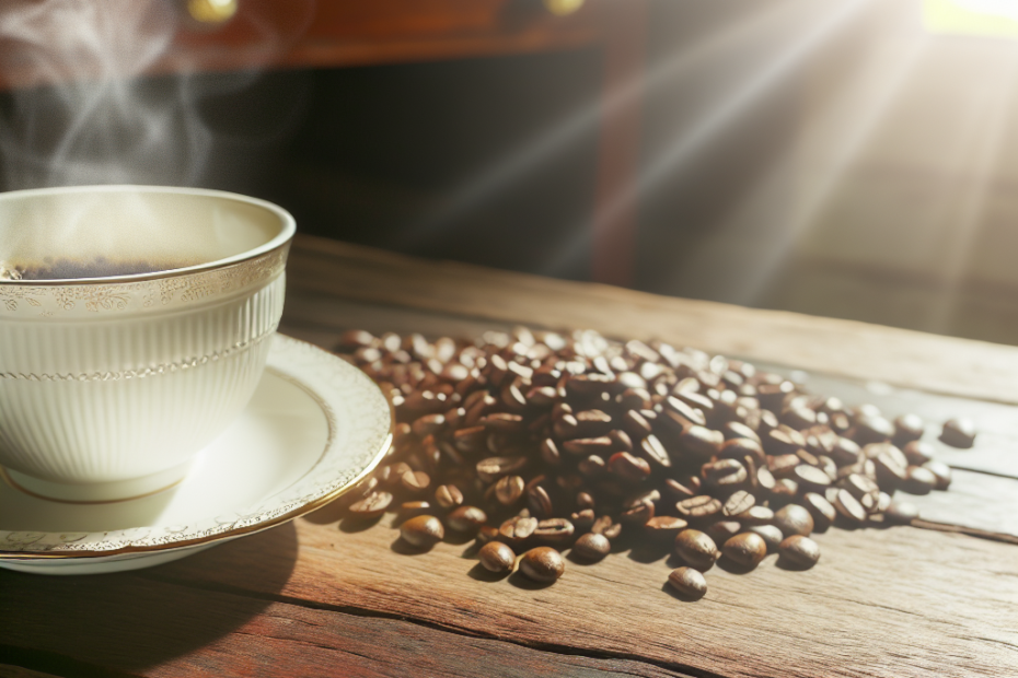 A steaming cup of coffee surrounded by coffee beans on a wooden table, bathed in morning sunlight.