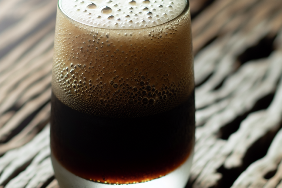 Nitro cold brew coffee with creamy foam served in a glass on a wooden table.