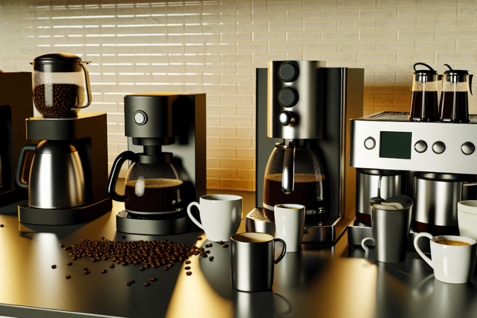 Stylish coffee makers arranged on a kitchen counter with steaming coffee mugs and fresh coffee beans.